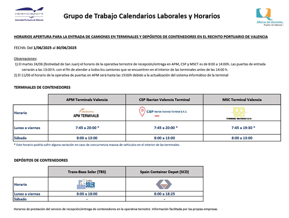 Horarios operativa terrestre de terminales y depósitos de contenedores puerto de Valencia